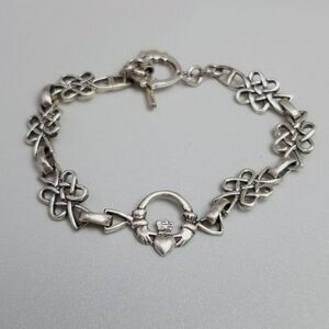 Vintage Sterling Silver Celtic Infinity Love Knots Link Bracelet Claddagh Toggle